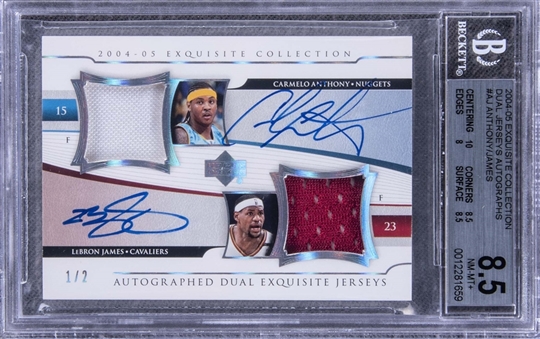 2004-05 UD "Exquisite Collection" Dual Jerseys Autographs #AJ Lebron James/Carmelo Anthony Signed Game Used Patch Rookie Card (#1/2) – BGS NM-MT+ 8.5/BGS 8